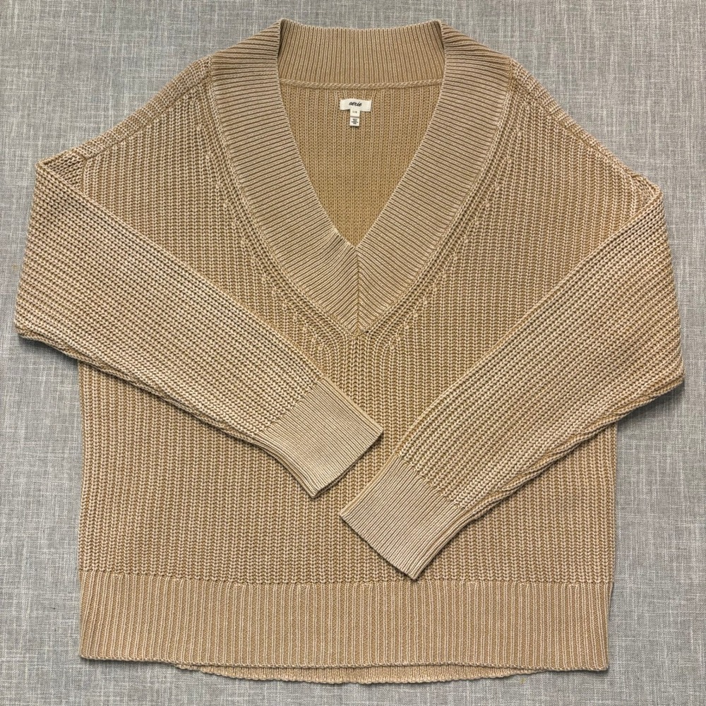 Aerie Tan Shaker Stitch V-Neck Cotton Oversized Sweater Large L Tan Brown
